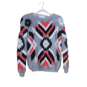 On Fire American Brand Gray Black Red Aztec Pattern Long Sleeve Sweater Size M